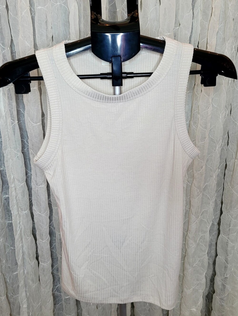 Zenana Beige Ribbed Very Stretchy Tank Top M High Crew Neck Basic Neutral Layer